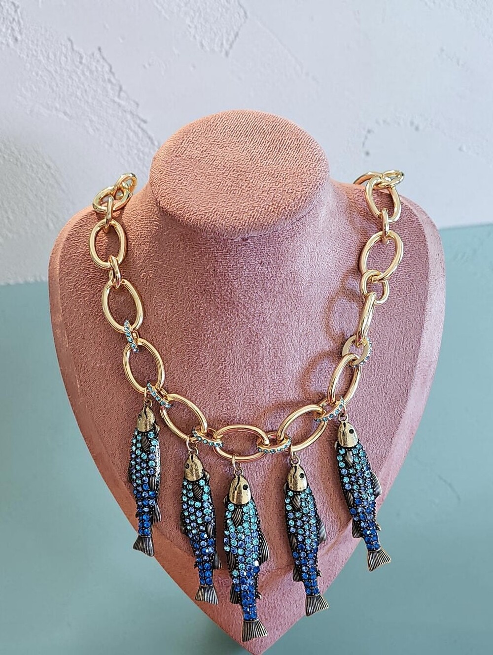 “Betsey Johnson Reversible Blue Fish Statement Necklace”